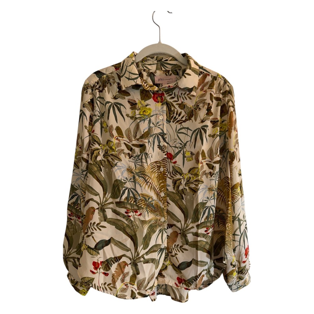 Philosophy Republic Blouse Tan S Womens Tropical Floral Button Up Long Sleeve